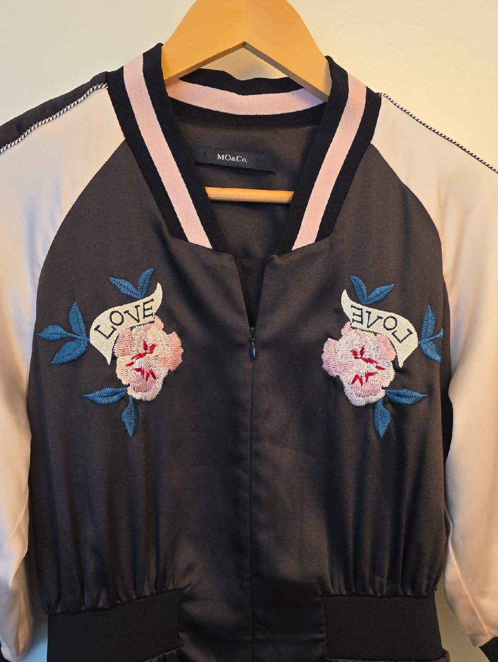 MO & Co Black and Pink Satin Embroidered Bomber Jacket Dress
